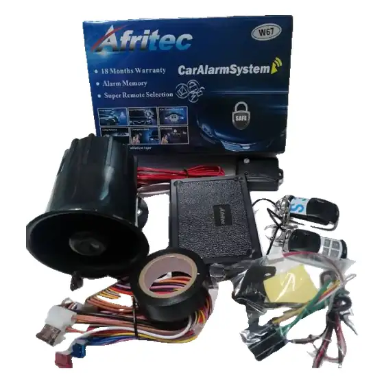 Afritec standard car alarm kit with box: siren, control box, 2 remotes, shock sensor, wiring