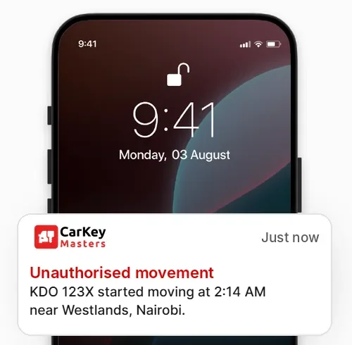 Carkey Masters instant theft alert notification on phone, Nairobi