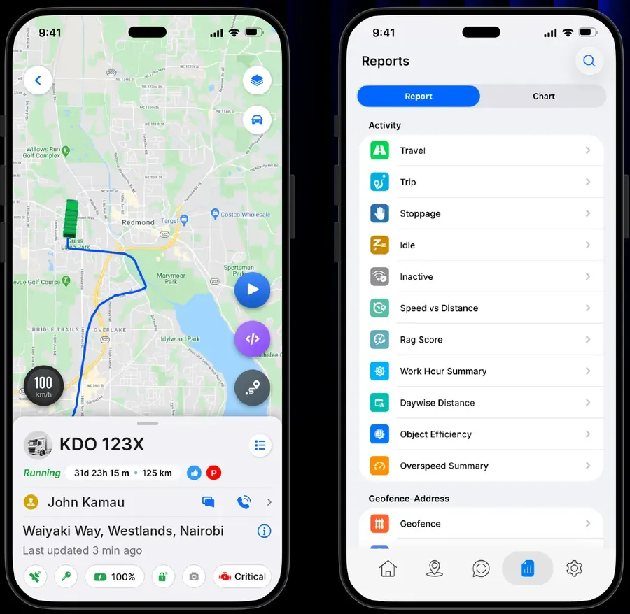 Carkey Masters car tracking app showing live map trip and reports on phone