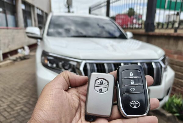 Two Toyota smart keys programmed for a Toyota Prado in Nairobi by Carkey Masters