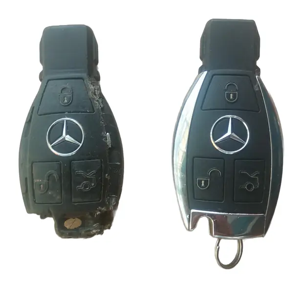 Mercedes smart key with a broken shell (left) and the same key after a new shell was fitted (right) at Carkey Masters, Nairobi